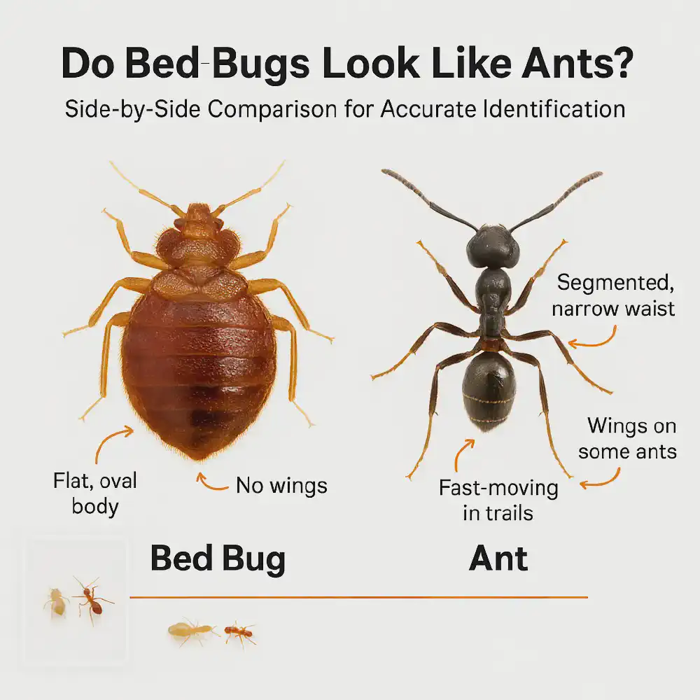 Side-by-side photo showing the difference between an adult bed bug and a household ant — includes body shape, size, and color labels for easy comparison.