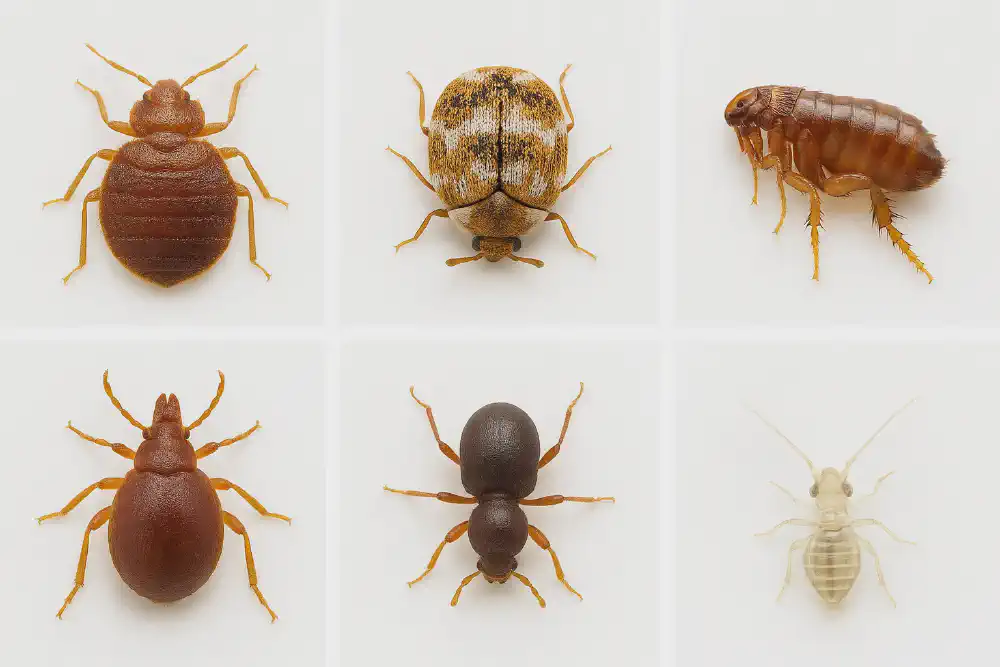 Macro comparison of six insects often mistaken for bed bugs: bed bug, carpet beetle, flea, tick, spider beetle, and booklice—shown with equal lighting and scale on a white background.
