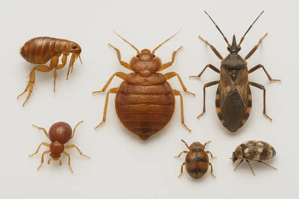 Macro-style lineup of insects commonly mistaken for bed bugs, including a bed bug, flea, tick, kissing bug, spider beetle, and carpet beetle—all displayed to scale on a white background.
