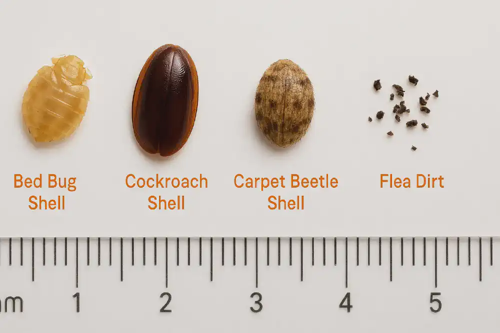 Side-by-side comparison of bed bug shells, cockroach shells, carpet beetle debris, and flea dirt, showing differences in size, shape, texture, and color for visual pest identification.