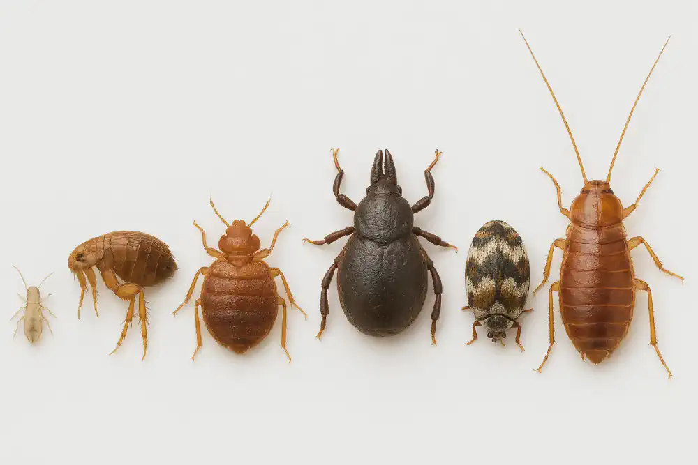 A realistic comparison of a bed bug&rsquo;s size placed among eight common household insects, including spider mites, fleas, ticks, carpet beetles, and cockroach nymphs, arranged from smallest to largest.