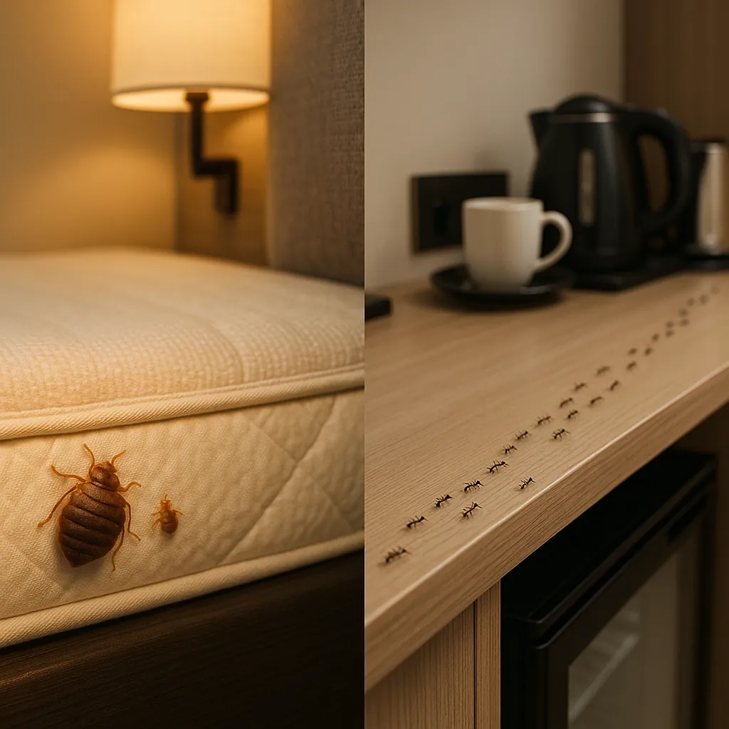 Split image showing bed bugs and ants commonly found in hotel environments, highlighting identification challenges for travelers