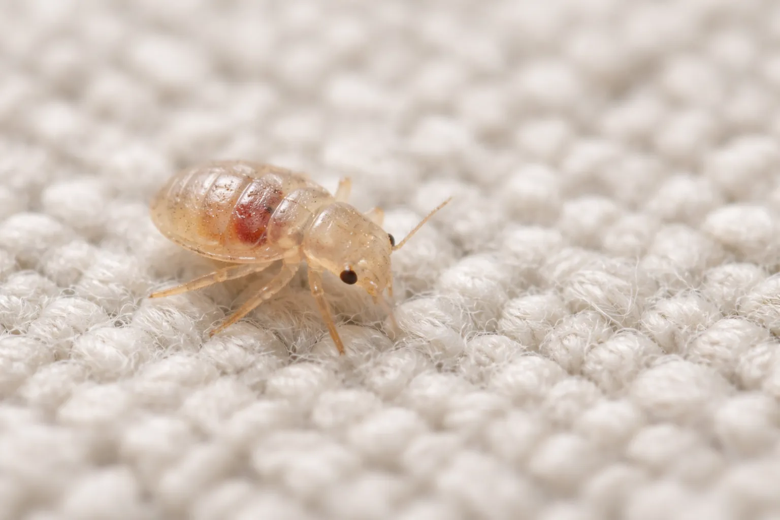 Baby bed bug nymph moving on fabric surface