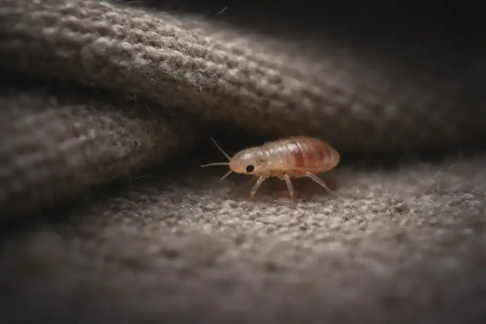 Tiny bed bug nymph moving near fabric fold under low light