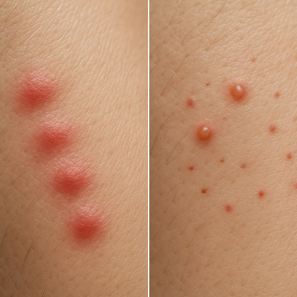 Side-by-side comparison of bed bug bite clusters and ant bite marks on human skin, showing clear differences in pattern and appearance