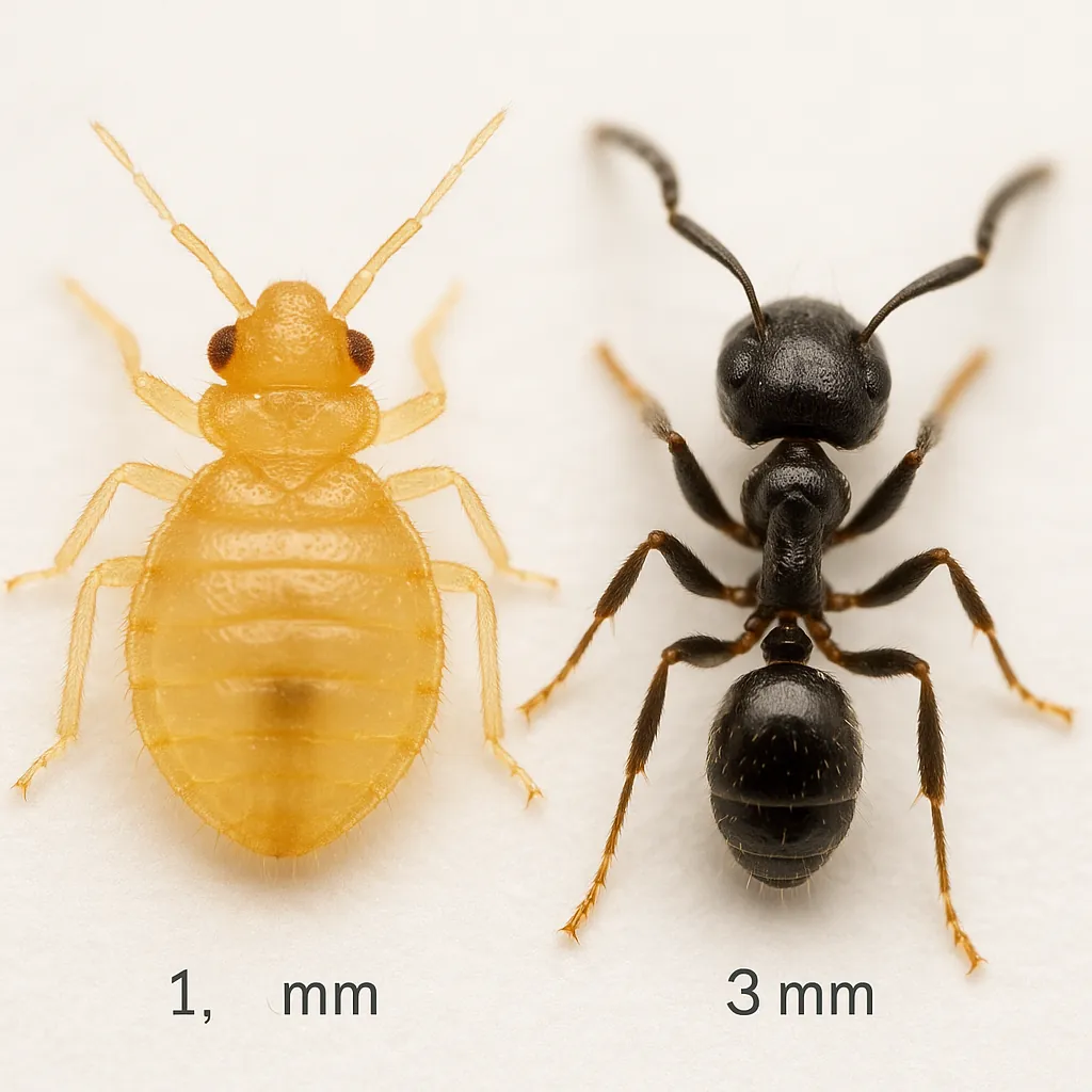 Microscopic comparison of a translucent bed bug nymph next to a small ant, highlighting size and body structure differences