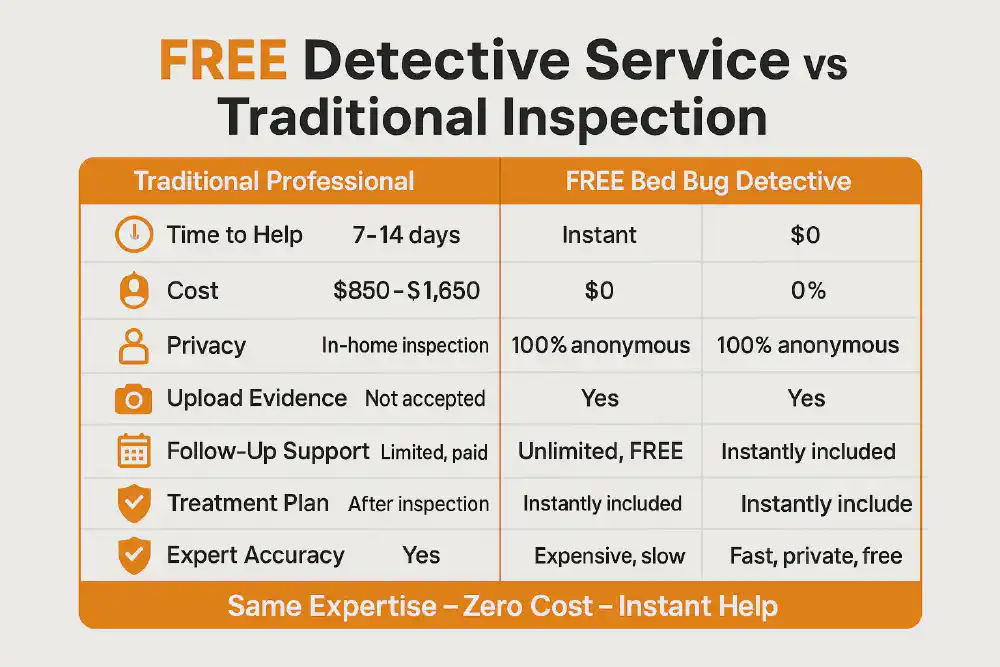 Comparison infographic showing benefits of free bed bug detective service versus traditional pest inspection: faster, cheaper, private, and equally accurate.