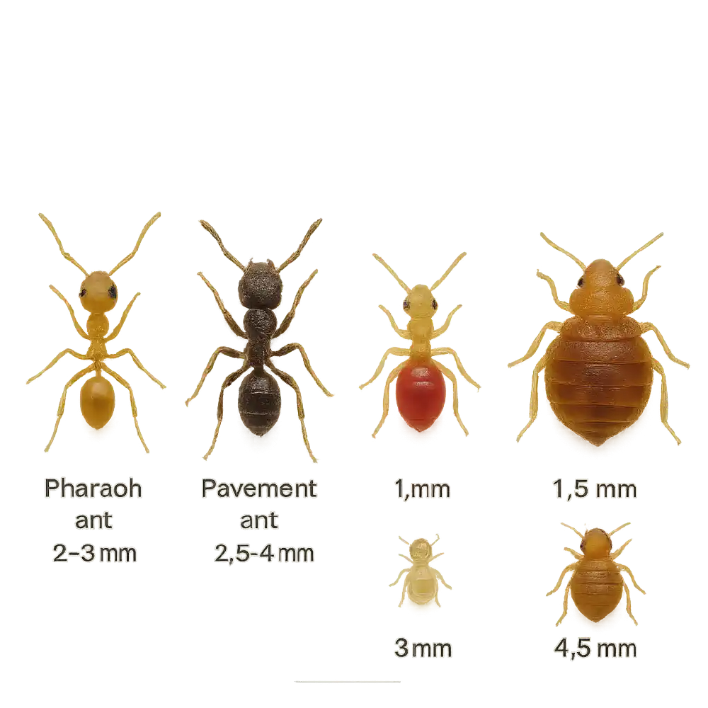 Macro lineup comparing hotel ant species with bed bug nymph stages and mm scale