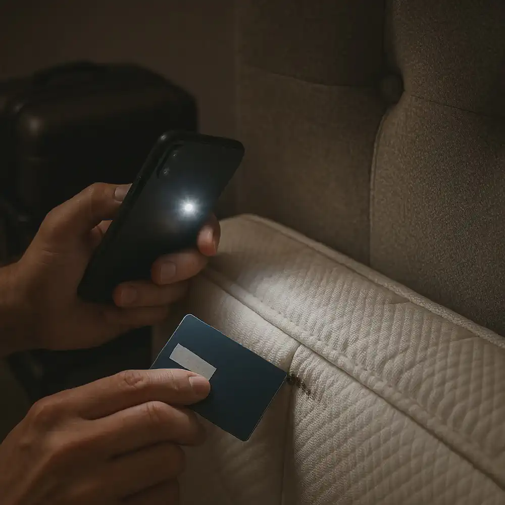Inspecting a hotel mattress seam with a phone flashlight during room check