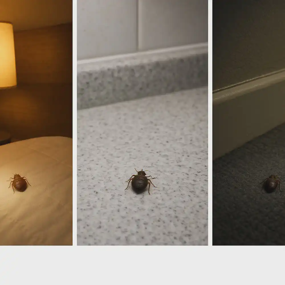 Triptych showing how hotel lighting changes insect appearance and causes misidentification