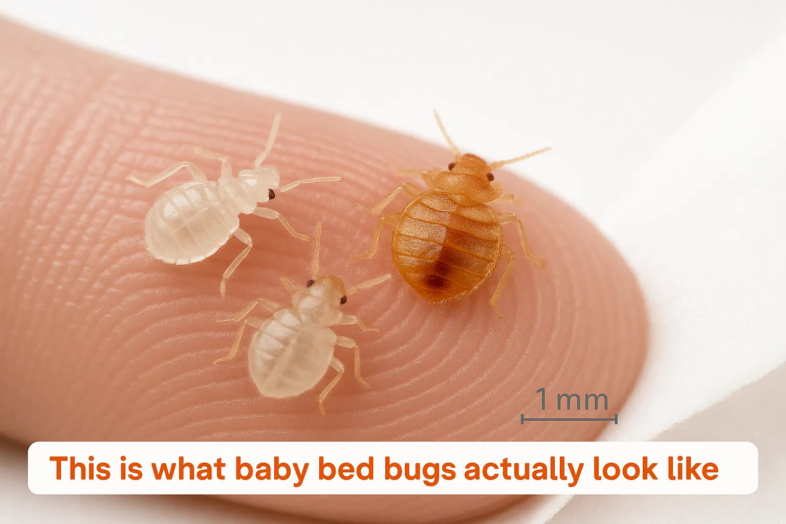 Close-up comparison showing baby bed bugs next to adult bed bugs for size reference