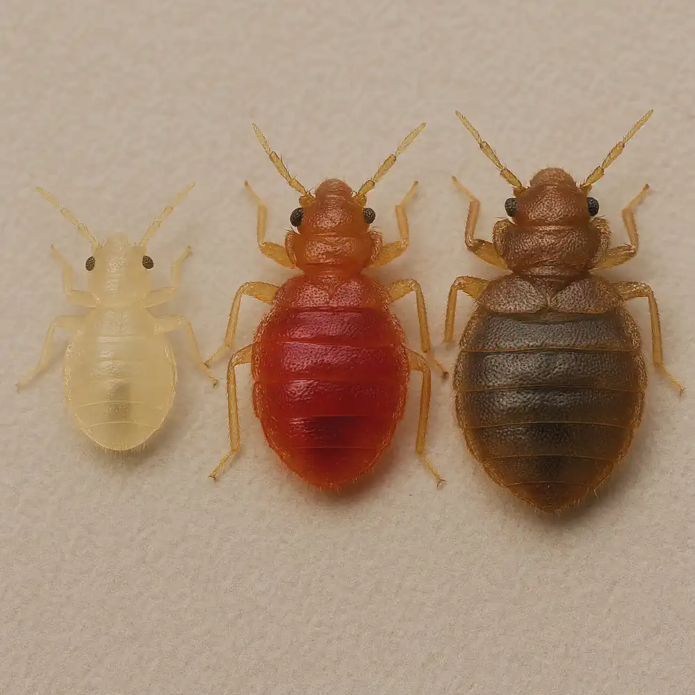 Macro photo comparison showing three bed bug nymphs at different development stages: translucent, red after feeding, and brown approaching adulthood