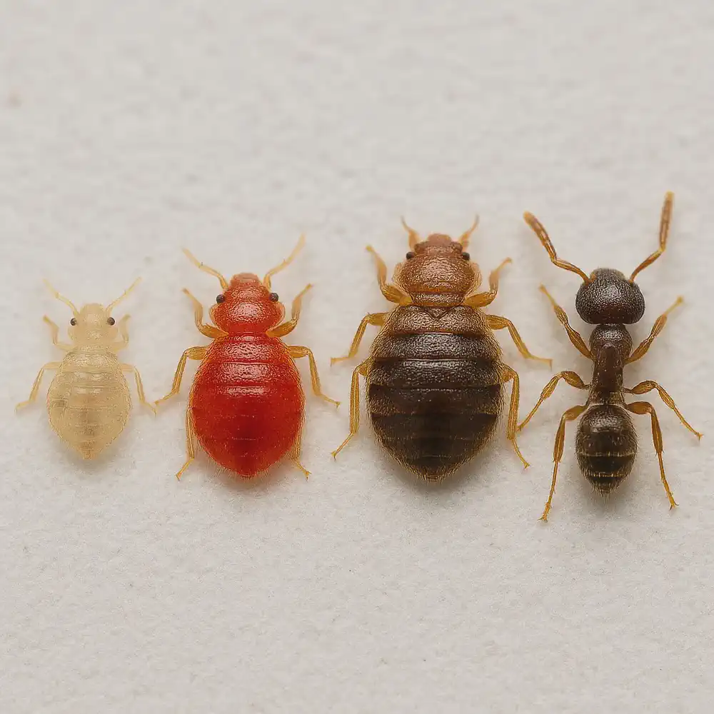 Macro comparison showing size and color progression of bed bug nymphs from translucent to red to brown, next to a pavement ant for scale