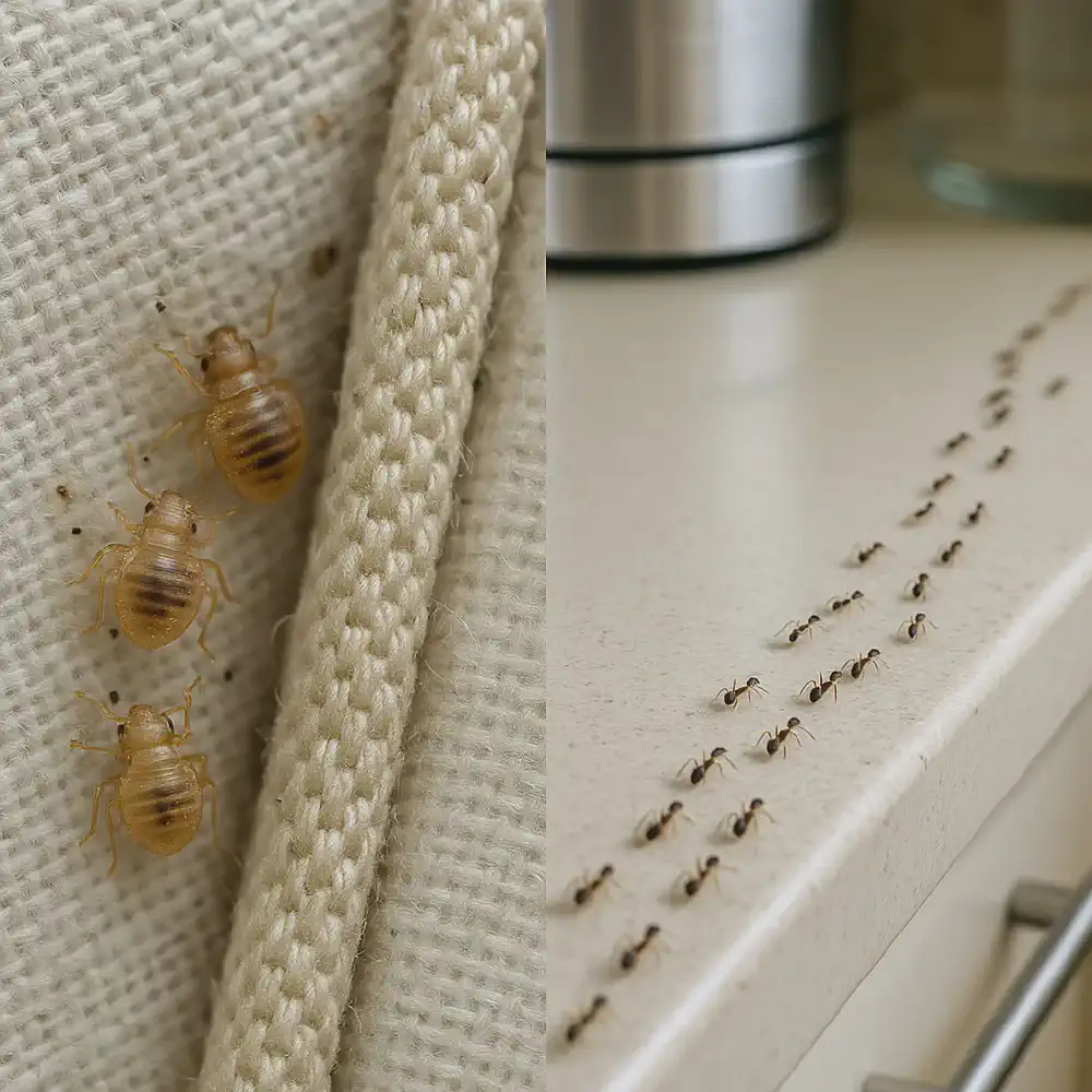 Comparison image showing bed bug nymphs hiding in mattress seam versus ants moving in organized trail on kitchen surface