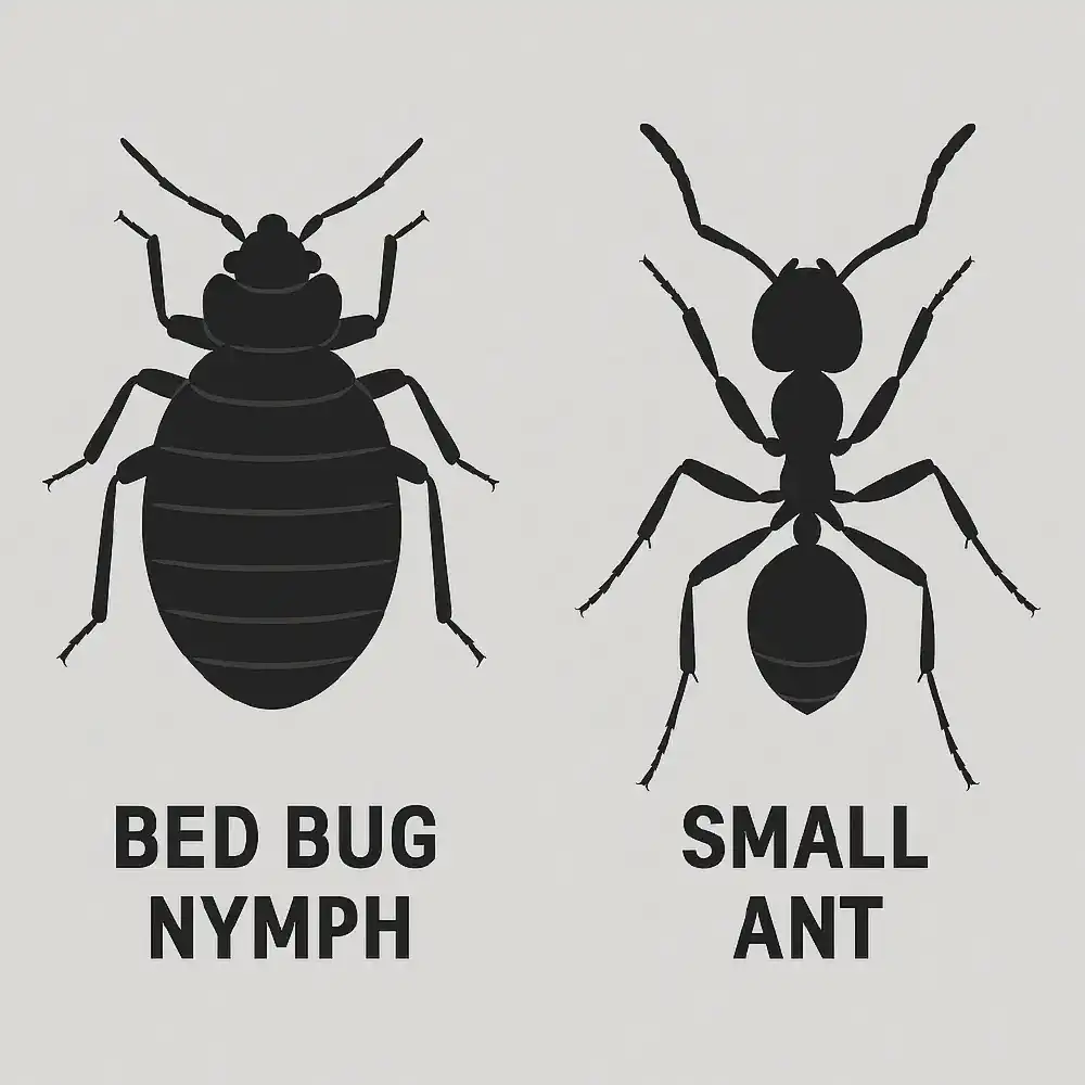 Illustration comparing silhouette of bed bug nymph (oval unsegmented body) vs small ant (three distinct segments with narrow waist)