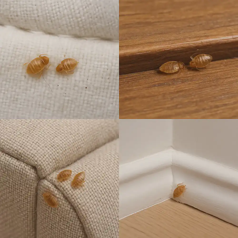 Realistic composite showing bed bug shells on mattress seams, wood furniture, upholstered fabric, and baseboards to help users recognize evidence of infestation.