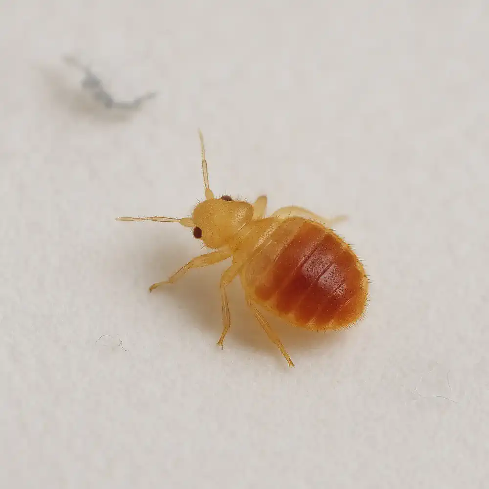 Close-up image of baby bed bug nymph on a light surface — translucent or reddish-brown, flat oval shape, used to show real appearance for identification.