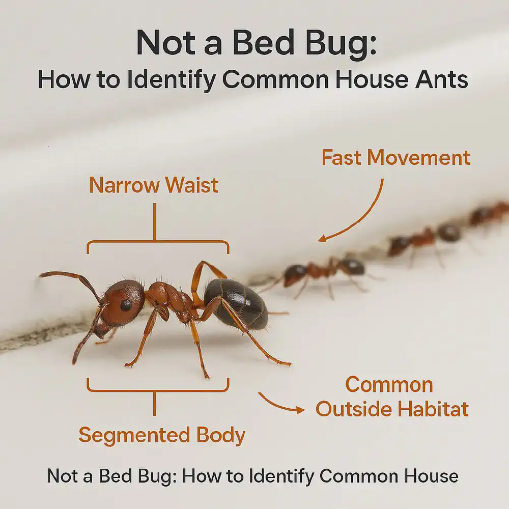 Photorealistic macro image of a common household ant on a white background, clearly showing segmented body, narrow waist, and fast movement. Helps illustrate key differences between ants and bed bugs.