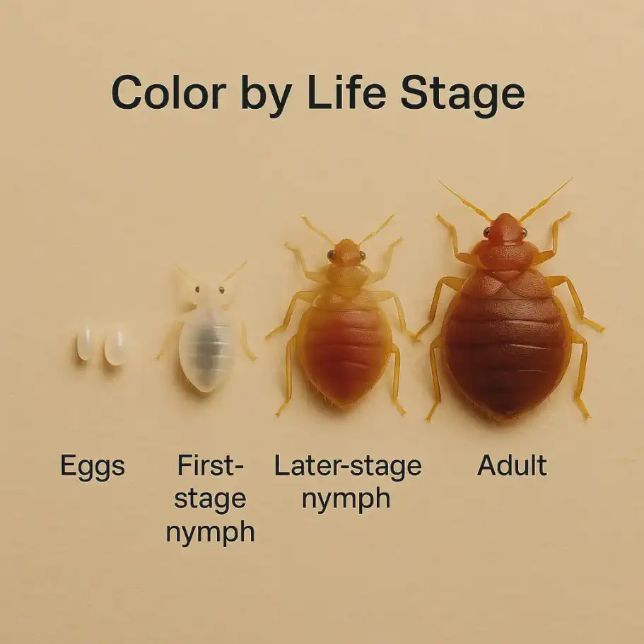 Bed bugs at various life stages from translucent eggs to reddish-brown adults after feeding