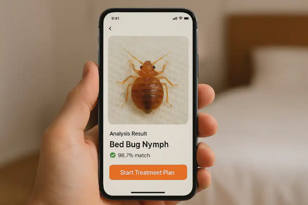 Smartphone showing AI bed bug identification with confidence score — macro photo of insect analyzed instantly with labeled result and treatment option.