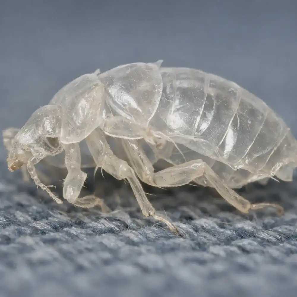 Close-up of a thin, flexible bed bug shell showing soft, paper-like texture of the shed exoskeleton on fabric surface.