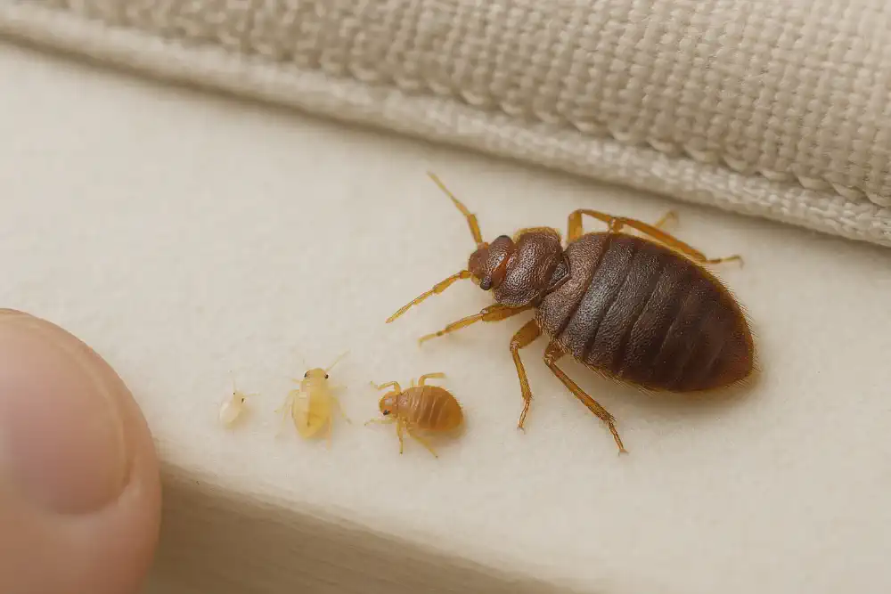 Realistic close-up of an adult bed bug and smaller nymph on indoor surface showing size, shape, and color differences.