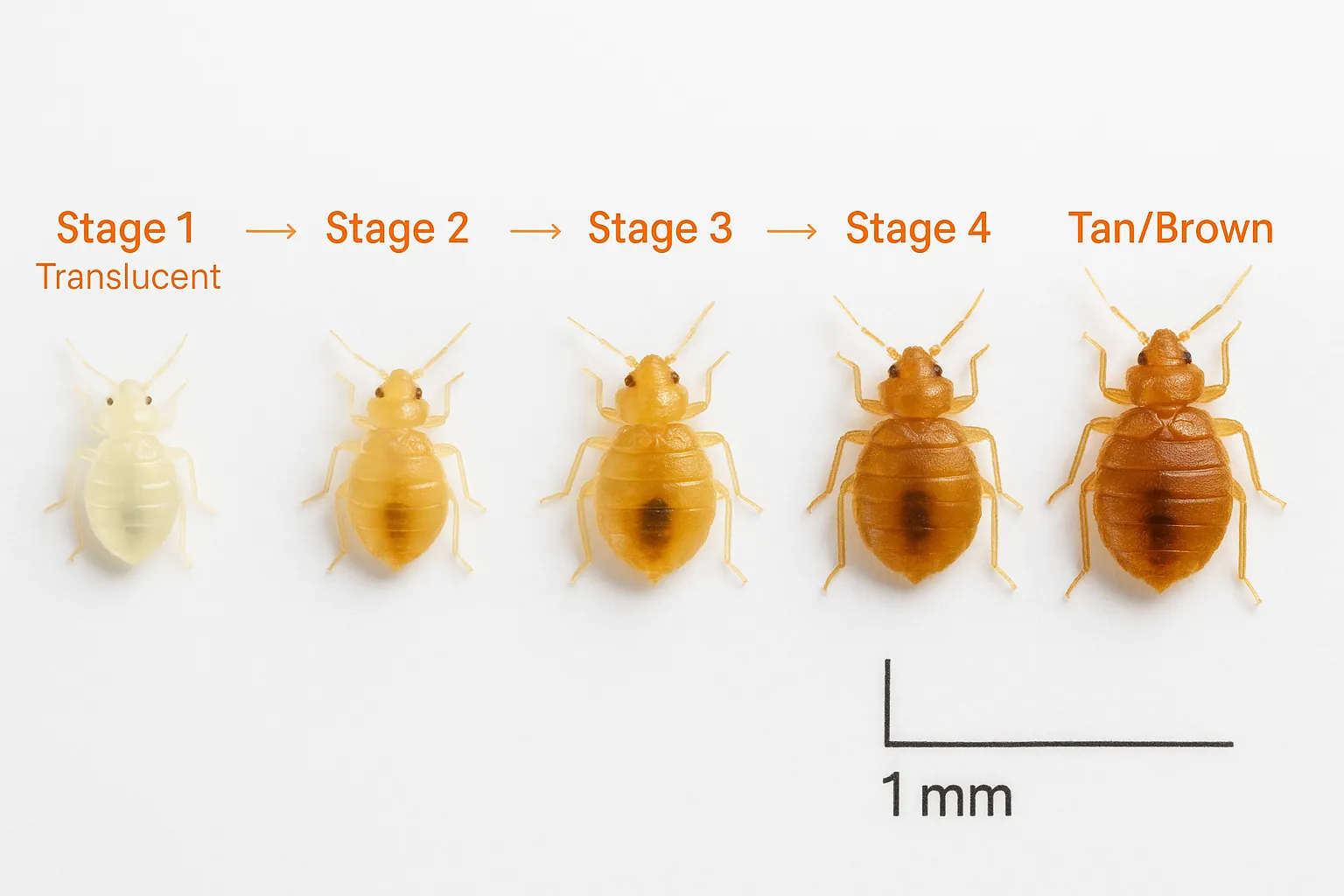 Close-up comparison showing baby bed bug color stages from translucent white nymphs to darker fed specimens