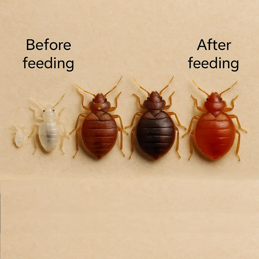 Adult bed bug showing reddish-brown color on light-colored bedding